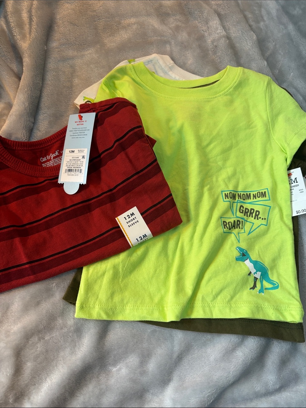 Carter's 3 piece Lime Green Dino Tees and Red Striped Tee